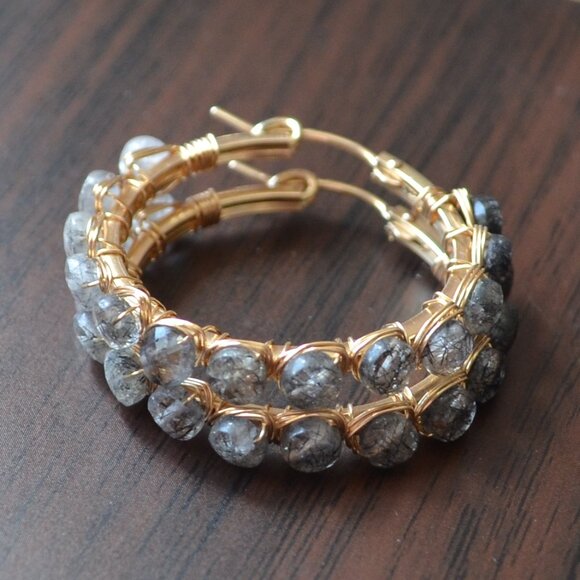 Black Rutilated Quartz Wire Wrapped Gold Hoops - Picture 8 of 11